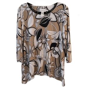 Alfred Dunner Classics Womens Exploded Floral Blouse Medium Embellished Neckline